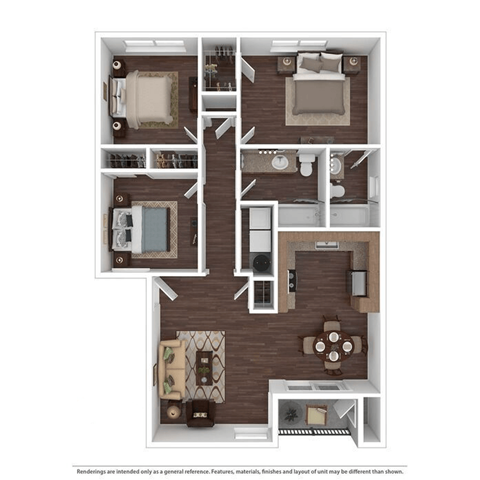Floor plan for 3 beds, 2 baths, 1115 sqft